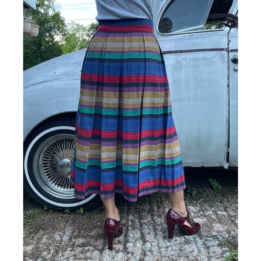 š„Vintage Liz Claiborne Linen Blend Rainbow Pleated Midi Skirt Cottage Academia - Picture 3 of 9
